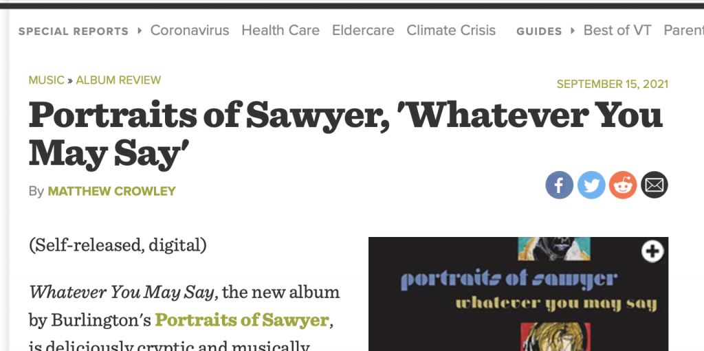Headline of the album review in Seven Days for 'Whatever You May Say' by Portraits of Sawyer.